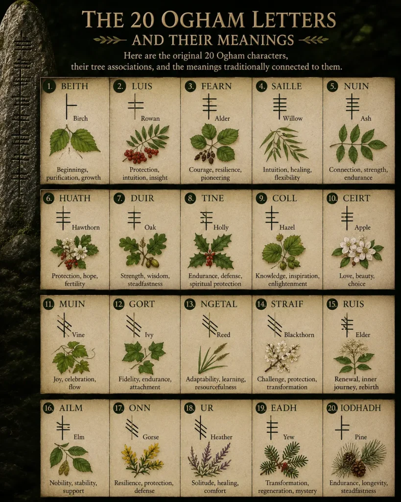The 20 Ogham letters and meanings