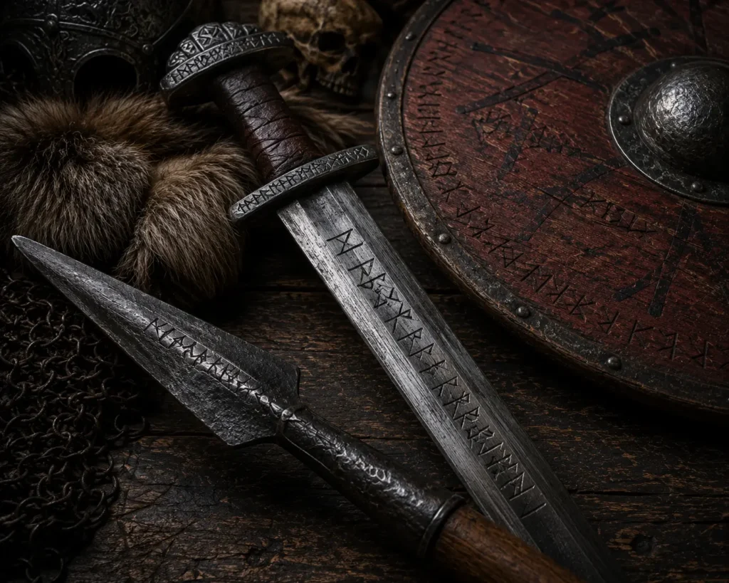 Viking weapons and armor display